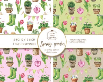 Watercolor Spring Garden Seamless Pattern Digital Paper (12x12 Inch)
