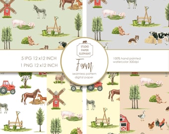 Watercolor Farm Seamless Pattern Digital Paper (12x12 Inch)