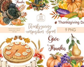 Watercolor  Thanksgiving ready-made compositions for greeting cards DIY: Pumpkins, Turkey, Cornucopia, vegetables, fruits