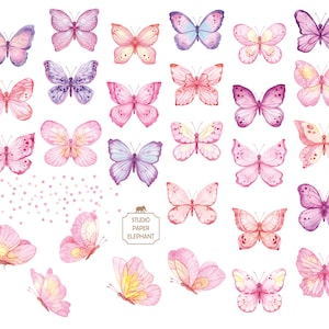 May include: A collection of watercolor butterfly illustrations in shades of pink, purple, and blue. The butterflies are arranged in a random pattern on a white background with pink polka dots.