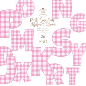 May include: Pink gingham alphabet clipart featuring letters P, O, N, G, M, S, Y, J, X, K, R, and T. The letters are in a pink and white checkered pattern. The image includes the text "Pink Gingham Alphabet Clipart" and "26 PNG".