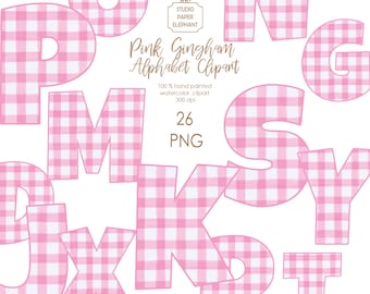 Pink Gingham Alphabet Clipart, Checkered Letters (Digital Download)