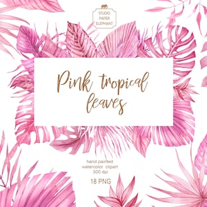 Aquarell rosa tropische Blätter Clipart, Rosa tropisches Design, Rosa tropische Rahmen, Rosa tropische Hochzeit, PNG, sofortiger Download.