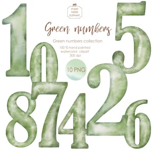 Clipart de números verdes aquarela, Coleção de números verdes, Números de feliz aniversário, Números de convite de casamento, PNG, DIY