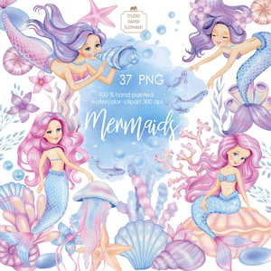 Imágenes prediseñadas de sirenas de acuarela, sirenas en colores azul, rosa y filete, fondo marino, algas, conchas, peces y medusas, PNG