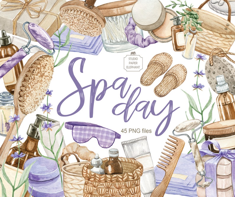 May include: A watercolour illustration of spa day items, including lavender flowers, bathrobes, bath bombs, a wooden comb, a face mask, a wooden basket, and a jar of honey. The text "Spa Day" is written in purple script with the words "45 PNG files" below it.