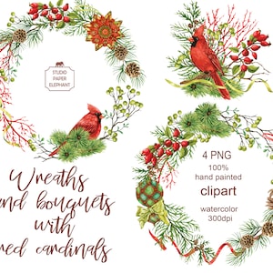 Guirlandas de Natal com cardeais vermelhos, buquês com cardeais vermelhos, design de cardeais vermelhos, clipart de Natal, download instantâneo, PNG.