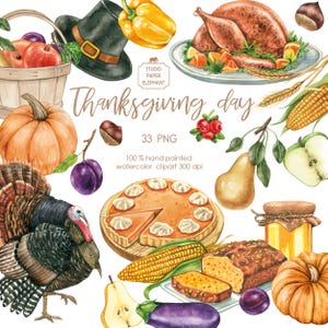 Clipart acquerello del Ringraziamento, zucche, mais, cornucopia, raccolto, tacchino, cena in famiglia, tavolo delle feste, torta di zucca, PNG
