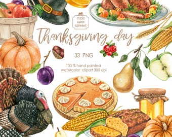 Watercolor Thanksgiving Clipart: Pumpkins, Turkey, Cornucopia (PNG)