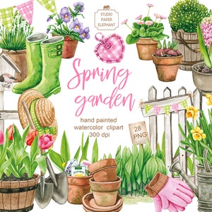 Imágenes prediseñadas de jardín de primavera de acuarela, flores de primavera en macetas, imágenes prediseñadas de primavera de granja, botas de jardín, guantes de jardinería, macetas, PNG.