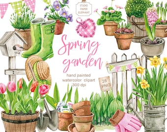 Watercolor Spring Garden Clipart: Flowers, Boots, Gloves (PNG)
