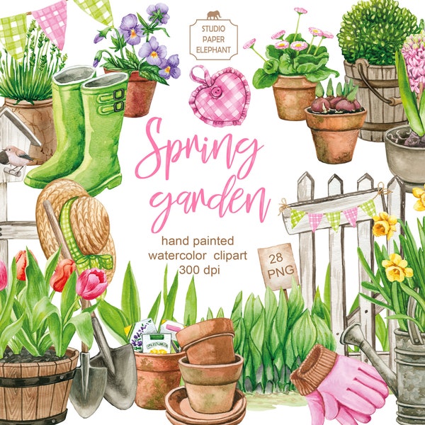 Aquarell Frühling Garten Clipart, Frühlingsblumen in Töpfen, Bauernhaus Frühling Clipart, Gartenstiefel, Gartenhandschuhe, Blumentöpfe, PNG.