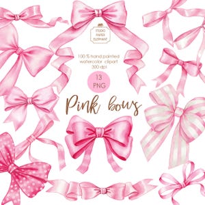 Clipart di fiocchi rosa ad acquerello, fiocchi rosa per decorazioni, decorazioni di design, scrapbooking digitale, PNG, download immediato