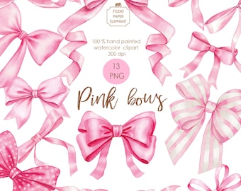 Watercolor Pink Bows Clipart: Scrapbooking PNG (Digital Download)