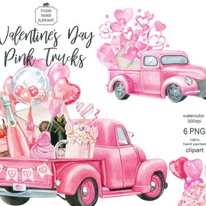 Camiones de acuarela rosa para el día de San Valentín, camiones de regalo para el día de San Valentín, imágenes prediseñadas para el día de San Valentín, PNG, descarga instantánea.