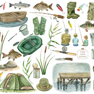 May include: Watercolor illustration of fishing and camping gear, including a fishing rod, tackle box, life vest, fishing net, boat, tent, and a wooden dock. The illustration also includes a variety of fish, reeds, and other nature-inspired elements. The text "Studio Paper Elephant" is included in the image.