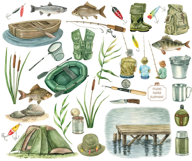 May include: Watercolor illustration of fishing and camping gear, including a fishing rod, tackle box, life vest, fishing net, boat, tent, and a wooden dock. The illustration also includes a variety of fish, reeds, and other nature-inspired elements. The text "Studio Paper Elephant" is included in the image.