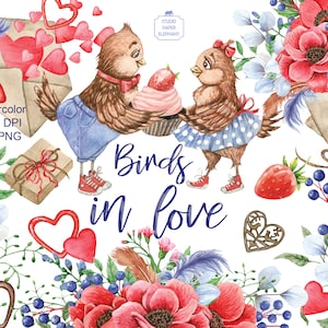 Aquarell Vögel verliebt, Valentinstag Clipart, Romantische Clipart, Liebesbrief Clipart, Herz, Blumen, PNG.