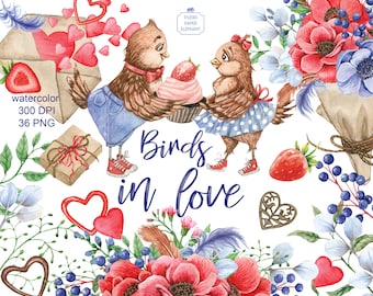 Watercolor birds in love,  Valentine's Day clipart, Romantic clipart, Love letter clipart, Heart, Bouquet, Flowers, PNG.