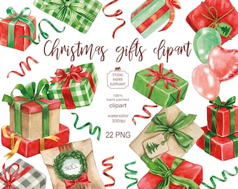 Watercolor Christmas Gift Clipart, PNG (Instant Download)