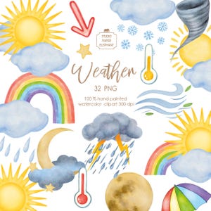 Clima en acuarela, imágenes prediseñadas, fenómenos atmosféricos para niños, nubes, sol, relámpagos, lluvia, nieve, PNG