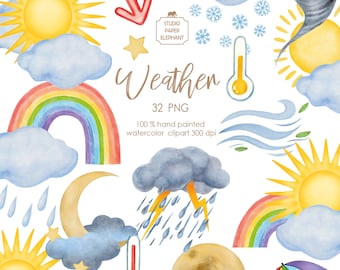 Clima en acuarela, imágenes prediseñadas, fenómenos atmosféricos para niños, nubes, sol, relámpagos, lluvia, nieve, PNG