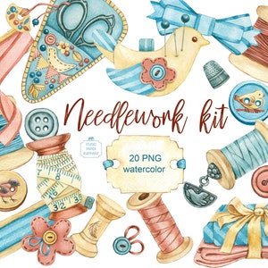 May include: Watercolor illustration of a needlework kit with spools of thread, buttons, scissors, a bird-shaped pin cushion, and a bow. The text "Needlework kit" is displayed in a decorative font. The image also includes the text "20 PNG watercolor".