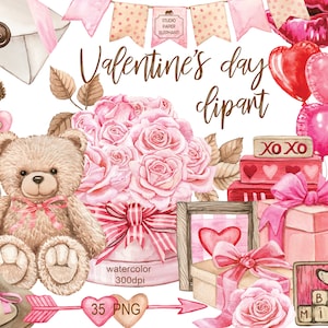 Aquarell Valentinstag Clipart, Valentinstag rosa und rot Dekor, Rosen in einer Box Clipart, Herz aus Blumen Clipart, Geschenke, PNG.