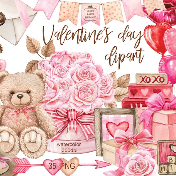 Watercolor Valentine's Day Clipart: Pink & Red Roses, Hearts (PNG Digital Download)