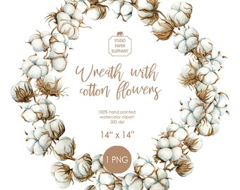 Watercolor Cotton Flower Wreath Clipart: Winter Wedding Design (PNG)