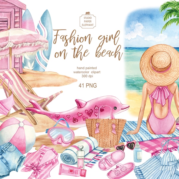 Watercolor Beach clipart, Fashion girl on the beach, Pink and blue beach clipart, Girl's party, Birthday party on the beach,  PNG.