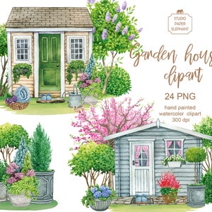 Clipart de casa de jardim em aquarela, clipart de casinha de madeira, clipart de galpão, casa de campo de verão, plantas de jardim, PNG, download instantâneo