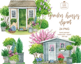 Watercolor Garden House clipart, Little wooden house clipart, Shed clipart, Summer Country House, Garden plants, PNG, instant download