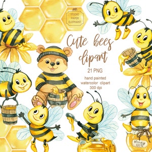 Clipart de abejas de dibujos animados de acuarela, clipart de abejas lindas, vacaciones infantiles de abejas, osos de peluche, miel, panales, PNG, descarga instantánea.