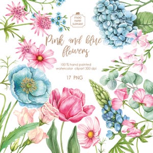 Acuarela de flores rosas y azules, Ramo de flores rosas y azules, Corona de flores azules y rosas, PNG