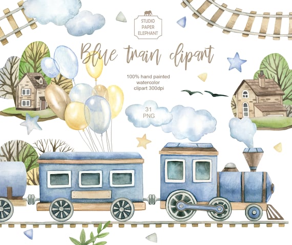 Watercolor Blue Train Clipart: Kids Birthday Party (PNG)