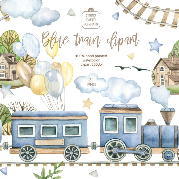 Watercolor Blue Train Clipart: Kids Birthday Party (PNG)