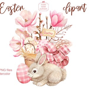 Clipart del coniglietto di Pasqua dell'acquerello, uova di Pasqua, cestino di Pasqua, fiori primaverili, download digitale istantaneo, PNG.