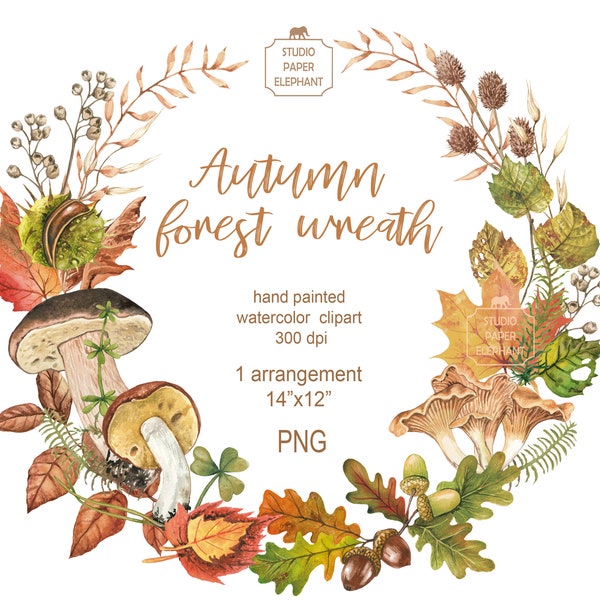 Watercolor autumn wreath clipart, Forest autumn wreath clipart, Autumn leaves, Mushrooms, PNG, instant download.