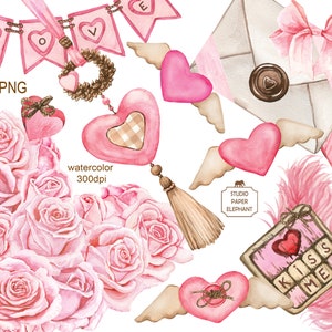 Watercolor Valentine's Day Clipart: Pink & Red Roses, Hearts (PNG ...
