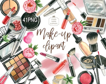 May include: Watercolor illustration of various makeup products, including eyeshadow palettes, lipsticks, brushes, and foundation. The image features the text "Make-up clipart" and "41PNG". Decorative elements include pink flowers and green leaves.