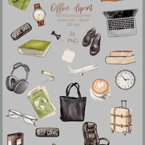 May include: A set of 26 watercolor illustrations of office supplies, including a laptop, a briefcase, a coffee cup, a clock, a passport, a pair of glasses, a binder, a tote bag, a chair, a pair of shoes, a plane, a suitcase, a notebook, a pen, a push pin, a paperclip, a notepad, a pair of headphones, a key, and a mug. The illustrations are in a muted color palette of brown, green, black, and white.