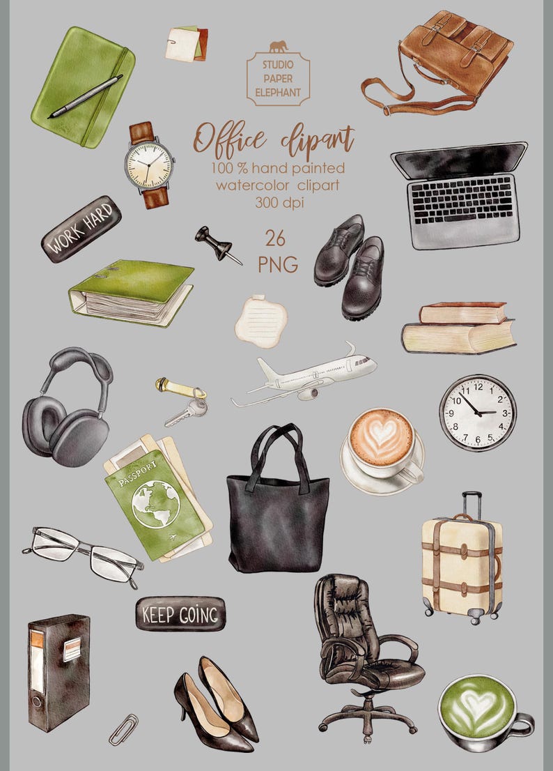 May include: A set of 26 watercolor illustrations of office supplies, including a laptop, a briefcase, a coffee cup, a clock, a passport, a pair of glasses, a binder, a tote bag, a chair, a pair of shoes, a plane, a suitcase, a notebook, a pen, a push pin, a paperclip, a notepad, a pair of headphones, a key, and a mug. The illustrations are in a muted color palette of brown, green, black, and white.