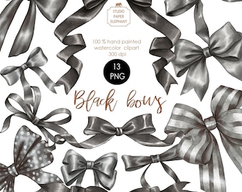 Watercolor Black Bows Clipart: Polka Dot & Striped PNG (Digital Download)