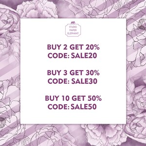 May include: A white card with purple text on a background of purple and white striped pattern with floral illustrations. The text reads "Studio Paper Elephant" and "Buy 2 Get 20% Code: SALE20", "Buy 3 Get 30% Code: SALE30", and "Buy 10 Get 50% Code: SALE50".