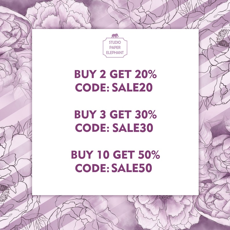 May include: A white card with purple text on a background of purple and white striped pattern with floral illustrations. The text reads "Studio Paper Elephant" and "Buy 2 Get 20% Code: SALE20", "Buy 3 Get 30% Code: SALE30", and "Buy 10 Get 50% Code: SALE50".