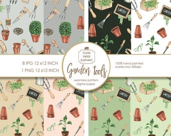 Watercolor Garden Tools Seamless Pattern, Gardening Digital Paper (12x12 Inch)