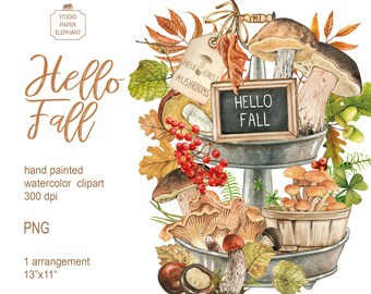 Watercolor Fall Mushrooms Clipart: Autumn Tiered Tray Design (PNG, Instant Download)