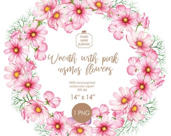 Watercolor Pink Cosmos Flower Wreath Clipart (PNG)