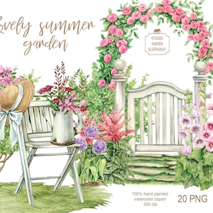 Clipart de jardin d'été aquarelle, clipart de fleurs d'été, clipart de jardin d'été rustique, Bouquets de fleurs d'été, PNG, téléchargement immédiat.
